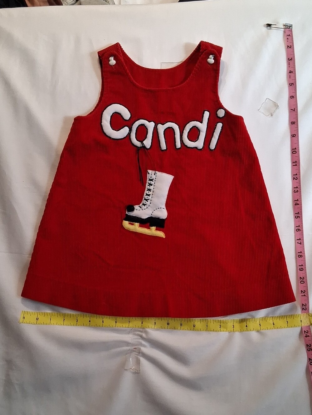 VINTAGE JAN PHILLIPSRed Corduroy DRESS with Ice Skate Applique -